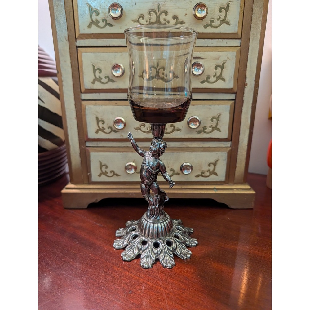 Vintage Cherub Angel Silver Metal Glass Votive Candle Holder 9"